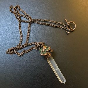 Quartz crystal copper mushroom necklace